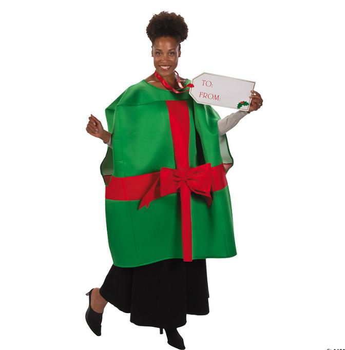 Adults Christmas Present Polyester Costume with Gift Tag Necklace - One Size