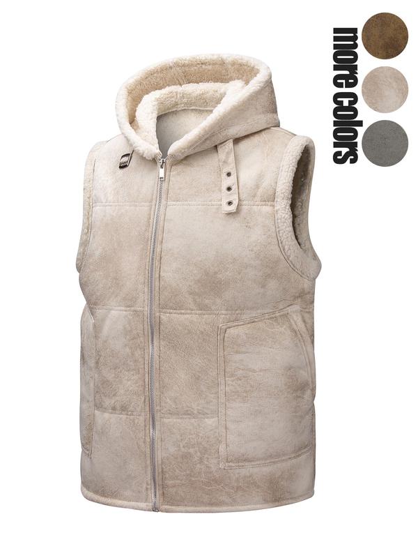 Men's Solid Zip Up Fuzzy Trim Vest Jacket, Loose Casual Pocket Design Sleeveless Outerwear for Fall & Winter, Men's Clothes for Daily Wear