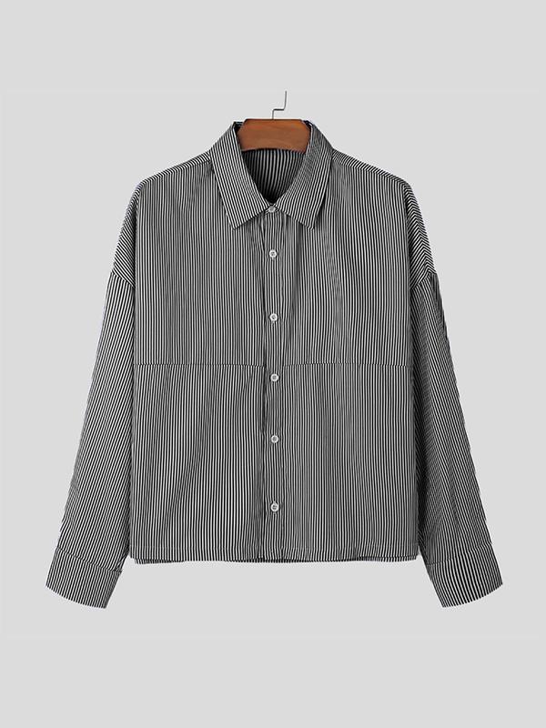 Men's Striped Print Button Front Shirt, Loose Casual Drop Shoulder Long Sleeve Collared Top for Daily Wear, Men's Clothes for All Seasons
