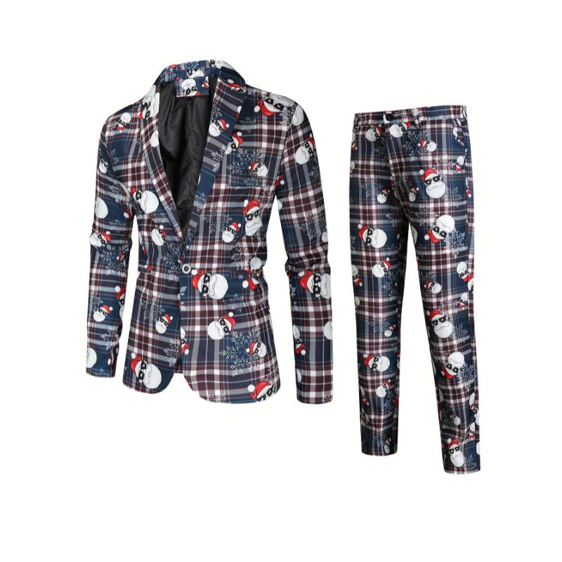 2-Piece Men's Stylish Christmas Polyester Suit Set: Digital Print Blazer and Pants Party Outfit