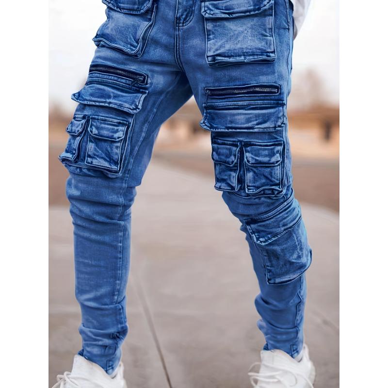 Men's Casual Slim Fit Harem Jeans, Fashionable Street Stretch Multi-pocket Motorcycle Pants