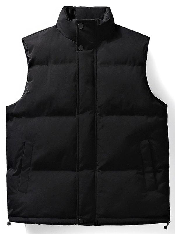 Men's Solid Color Button Front Drawstring Vest Coat, Regular Fit Casual Stand Collar Sleeveless Outerwear for Fall & Winter, Men's Clothes for Daily Wear