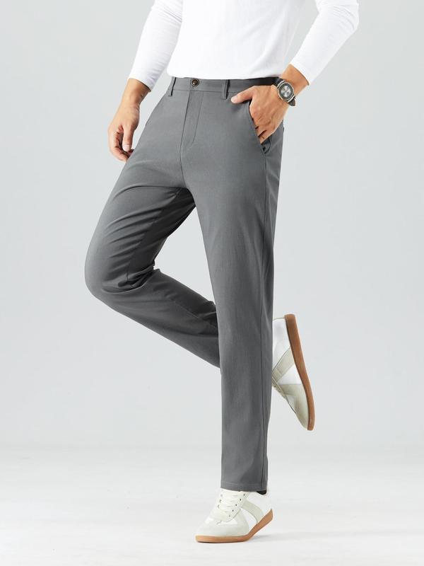 Men's Solid Color Button Fly Pocket Pants, Regular Fit Casual Comfy Trousers for Spring & Fall, Men Bottoms for Daily Wear