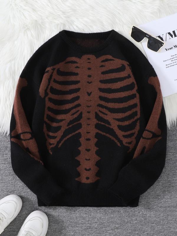 Men's Skeleton Print Round Neck Sweater, Regular Fit Casual Long Sleeve Crew Neck Jumper for Fall & Winter, Men's Knitwear Clothes for Daily Wear