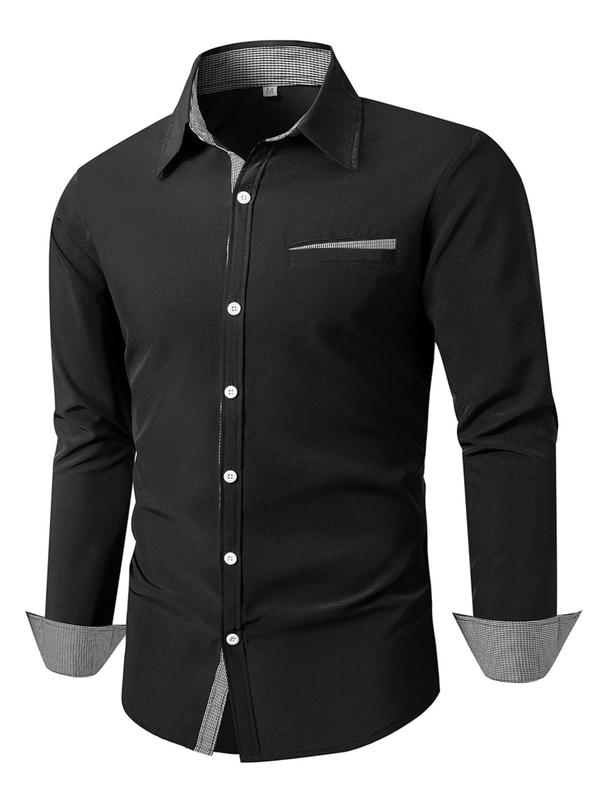 Men's Solid Color Pocket Button Front Shirt,   Casual Long Sleeve Collared Top for Fall & Winter, Men's Clothes for Daily Wear