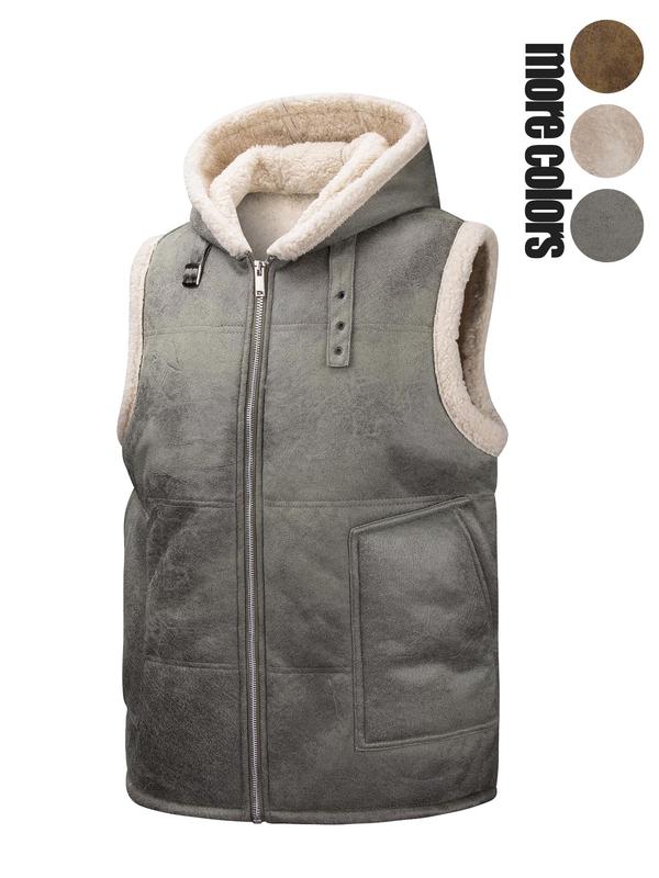 Men's Solid Zip Up Fuzzy Trim Vest Jacket, Loose Casual Pocket Design Sleeveless Outerwear for Fall & Winter, Men's Clothes for Daily Wear