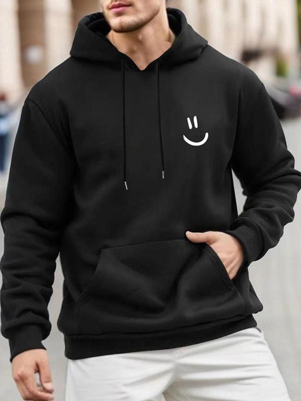 Men's Cartoon Smile Face Print Drop Shoulder Hoodie, Fashion Casual Regular Fit Drawstring Pocket Hooded Sweatshirt for Daily Holiday Outdoor Wear, Men Clothes for Spring & Fall