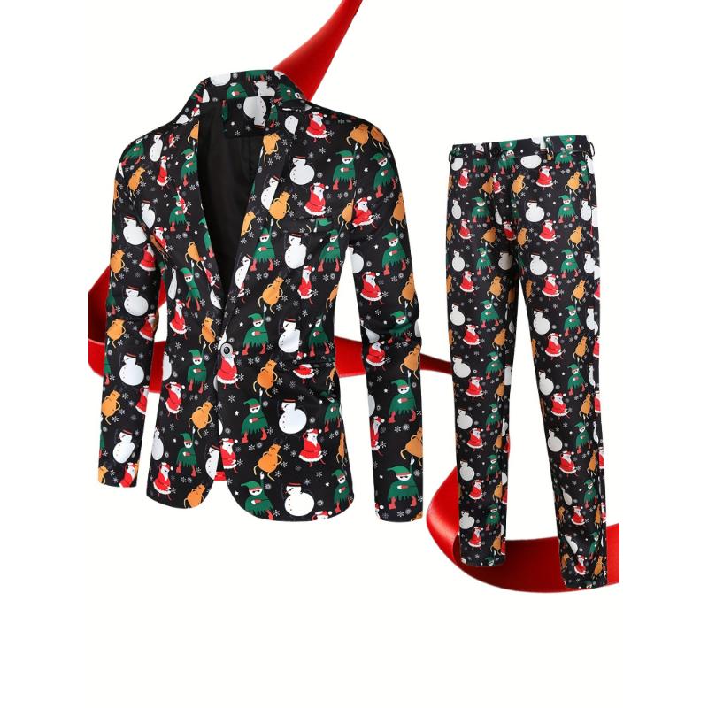 2-Piece Men's Stylish Christmas Polyester Suit Set: Digital Print Blazer and Pants Party Outfit