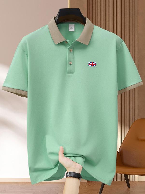 Men's Regular Fit Plain Flag Print Short Sleeve Polo Shirt, Casual Button Front Collared Top for Summer, Fashion Men's Clothes for Daily Wear