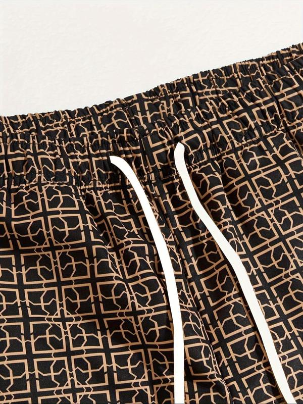 Men's Geometric Print Drawstring Waist Shorts, Regular Fit Casual Pocket Shorts for Summer, Men's Bottoms for Daily Wear