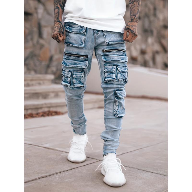 Men's Casual Slim Fit Harem Jeans, Fashionable Street Stretch Multi-pocket Motorcycle Pants