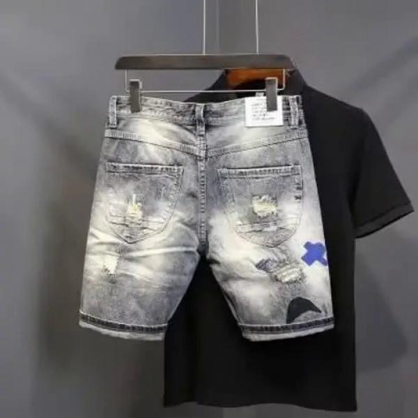 New High-Streets Summer Slim Denim Shorts for Men with Distressed Ripped Embroidered Cat Whiskers Hip Hop Streetwear Short Pants