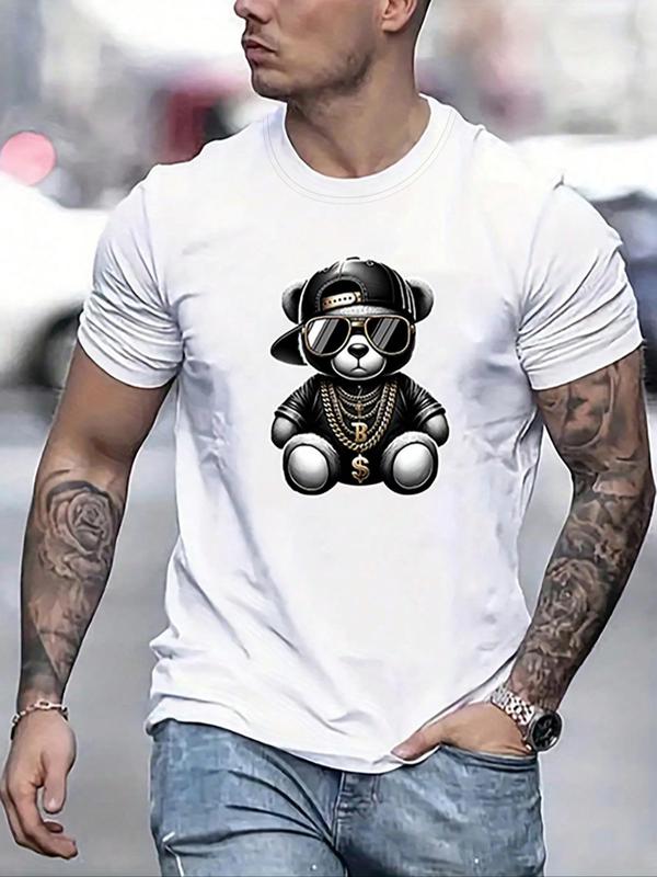 Men's Regular Fit Cartoon Bear Print Round Neck Tee, Fashion Casual Streetwear Short Sleeve T-shirt for Daily Outdoor Wear, Graphic Tees, Mens Clothes for Summer