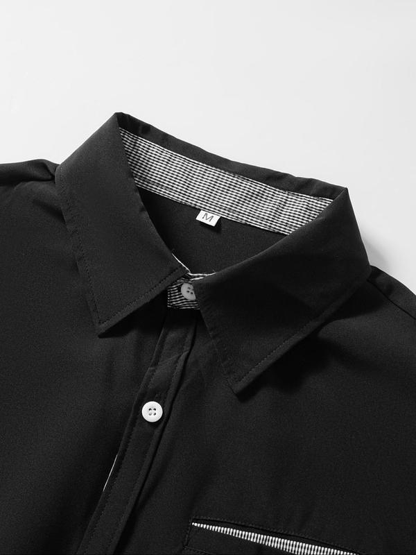 Men's Solid Color Pocket Button Front Shirt,   Casual Long Sleeve Collared Top for Fall & Winter, Men's Clothes for Daily Wear