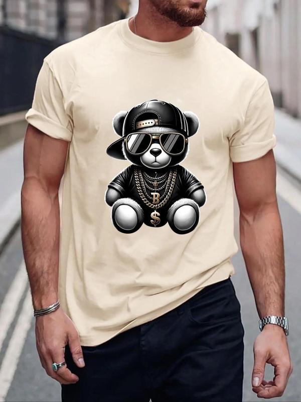 Men's Regular Fit Cartoon Bear Print Round Neck Tee, Fashion Casual Streetwear Short Sleeve T-shirt for Daily Outdoor Wear, Graphic Tees, Mens Clothes for Summer