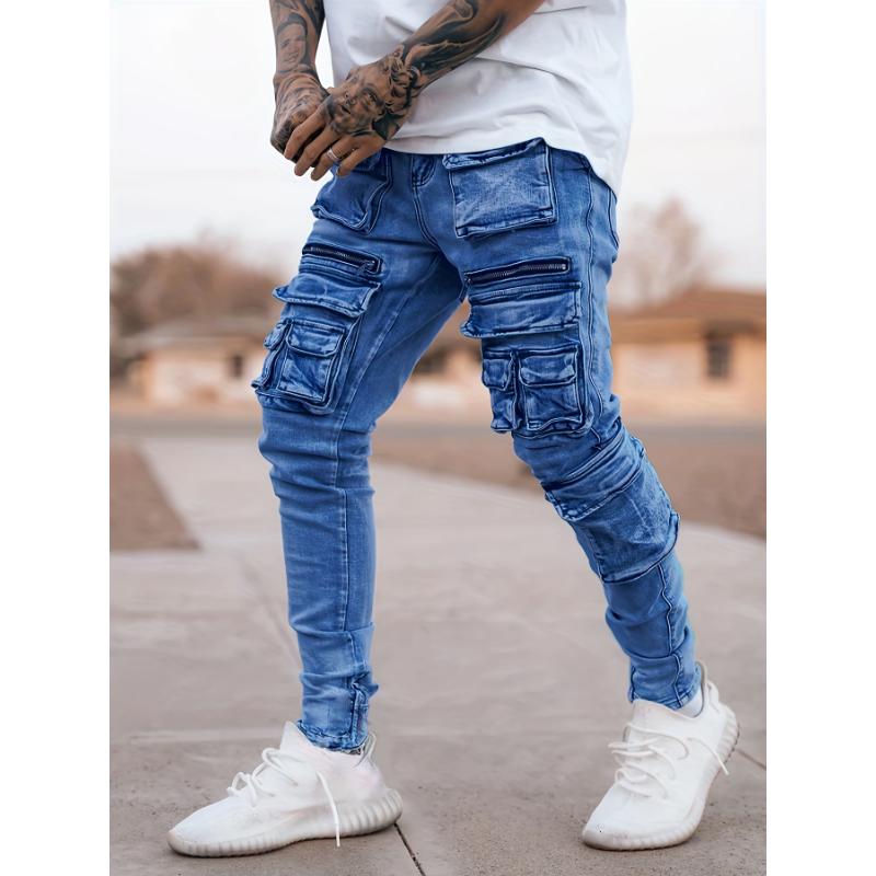 Men's Casual Slim Fit Harem Jeans, Fashionable Street Stretch Multi-pocket Motorcycle Pants