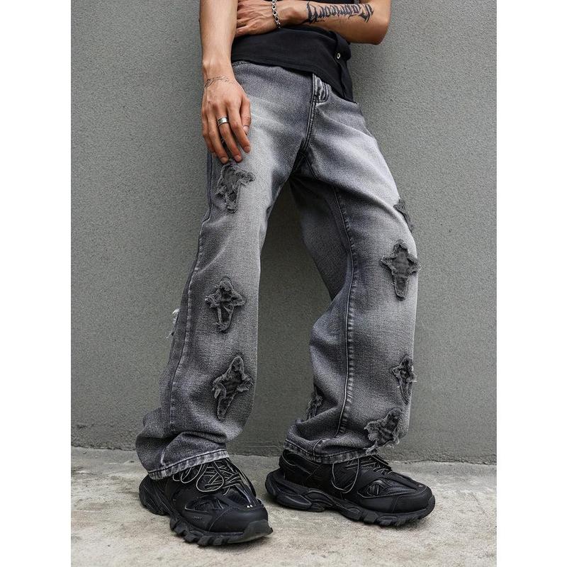 Men's Casual Wide-Leg Jeans with Embroidered Detail - Blend, Machine Washable