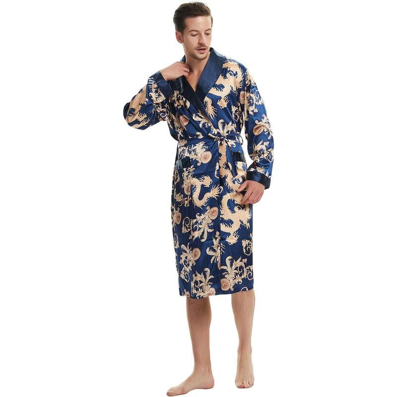 Men's Satin Robe Dragon Luxurious Silk Spa Long Sleeve House Kimono Bathrobe