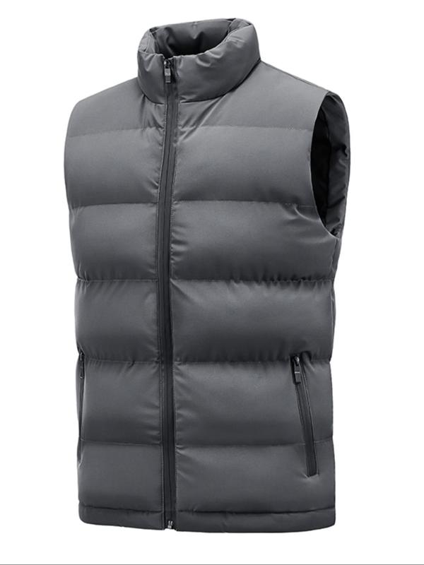 Men's Solid Zip Up Funnel Neck Warm Gilet, Regular Fit Casual Pocket Design Sleeveless Outerwear for Fall & Winter, Men's Clothes for Daily Wear