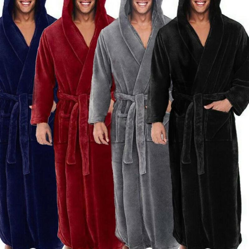 Male  Robe Male With Hooded Thick Dressing Gown Men's Bathrobe Winter Long Robe Mens Bath Robes Homewear