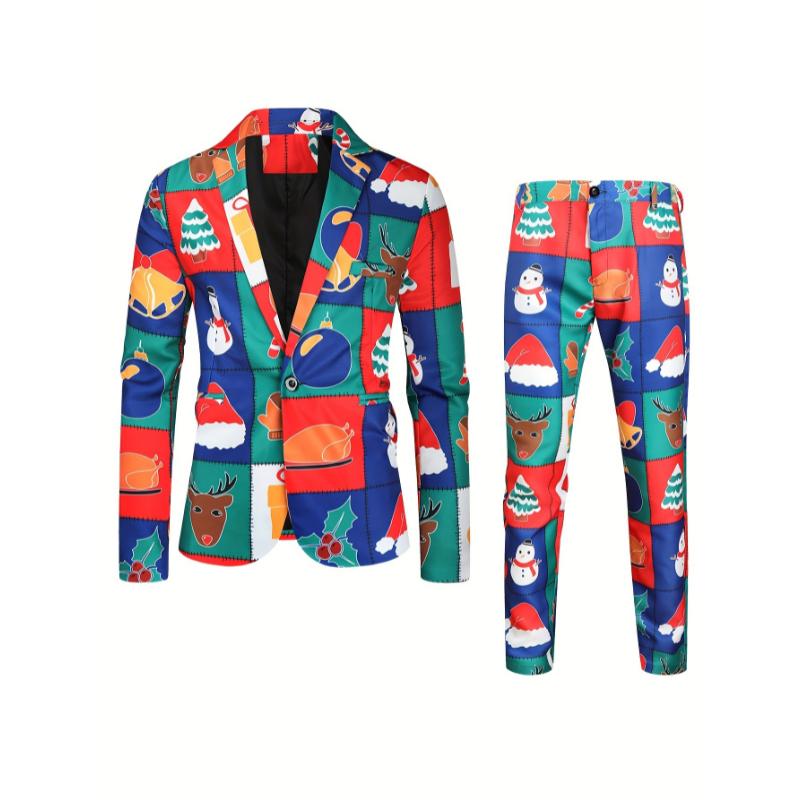 2-Piece Men's Stylish Christmas Polyester Suit Set: Digital Print Blazer and Pants Party Outfit