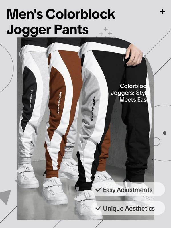 Men's 3pcs Colorblock & Letter Print Drawstring Waist Sweatpants, Fashion Casual Comfortable Jogger Pants for Daily Wear, Men's Bottoms for All Seasons, Fall Outfits, Fallfreshness Clothes