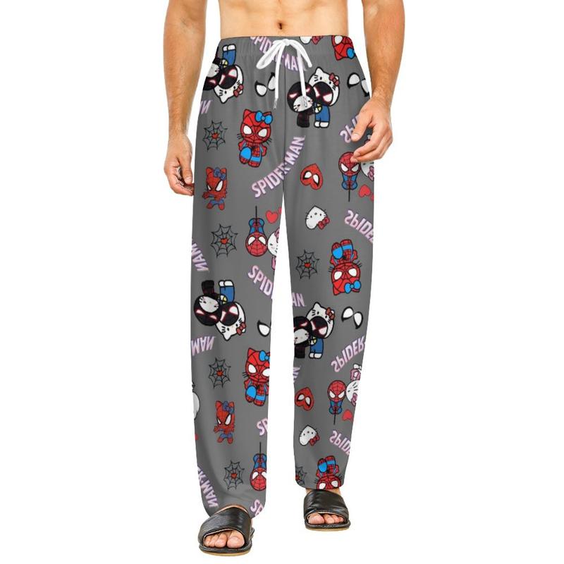 Stylish Pajamas Cute Spiderman & Hello Cat Cartoon Comfy Pajamas Men and Women Printed Pajama Pockets on Both Sides for Unisex Adult for Family and Friends Gifts