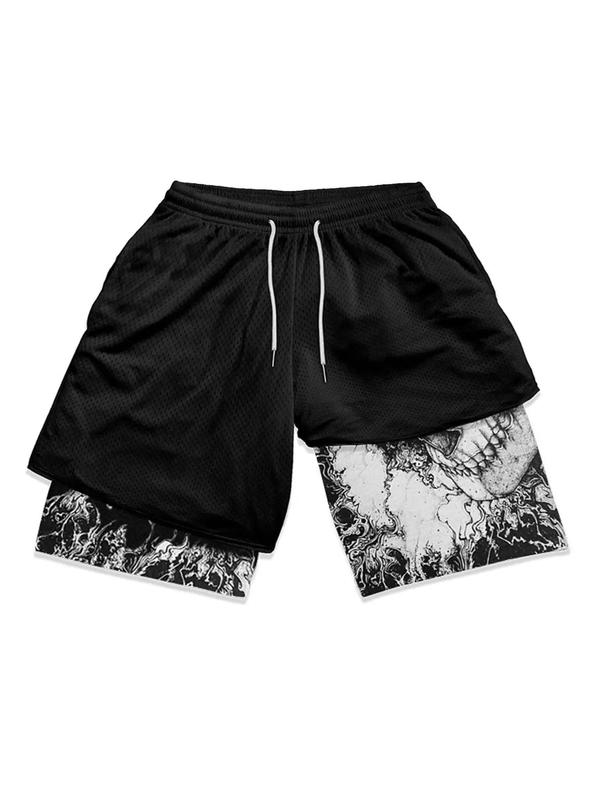 Men's Skull Print 2 IN 1 Drawstring Waist Shorts, Casual Regular Fit Hollow Out Straight Leg Shorts for Summer, Men's Bottoms for Outdoor Wear