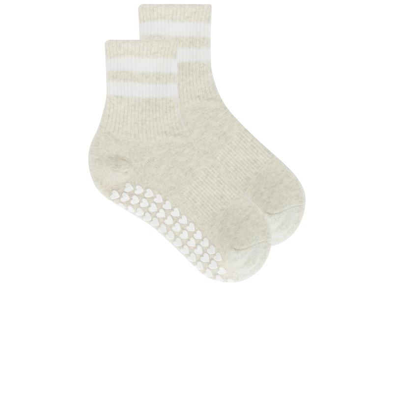 WellBeing + BeingWell Striped Half Crew Grip Sock in Cream & Espresso