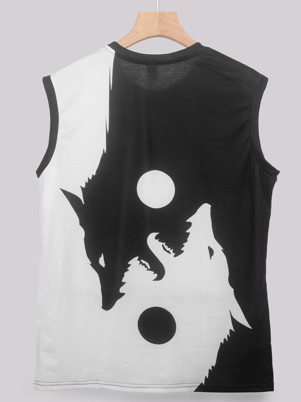 Men's Colorblock & Wolf Print Round Neck Tank Top, Regular Fit Casual Breathable Quick Drying Sleeveless Top for Summer, Fashion Men's Top for Daily Wear