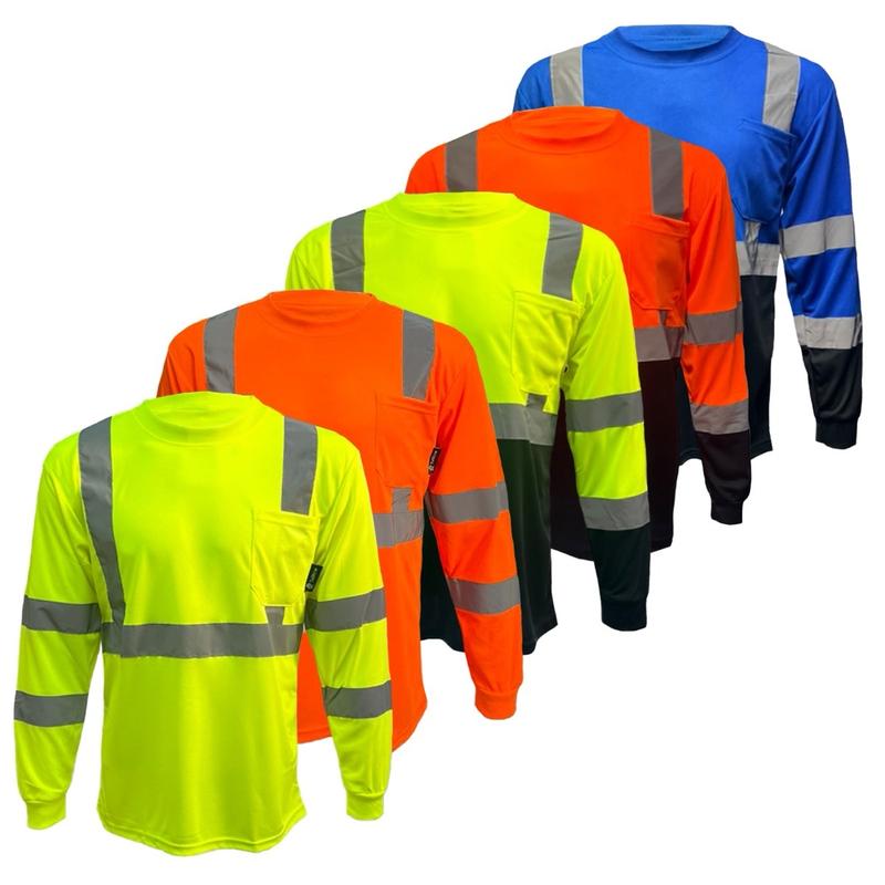 5 PACK - High Visibility Variety Pack with Solid Yellow and Orange or Two Tone Long Sleeve Safety Shirt Available in Yellow, Orange or Blue with Black Bottom Half - Birdeye Fabric