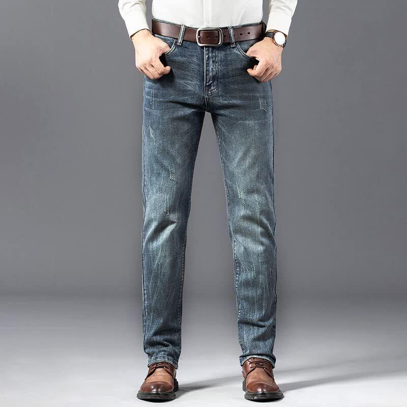 JANTTAWEAR New Regular Straight Men Jeans Denim Ripped Elastic Jeans. Menswear Pants Casual