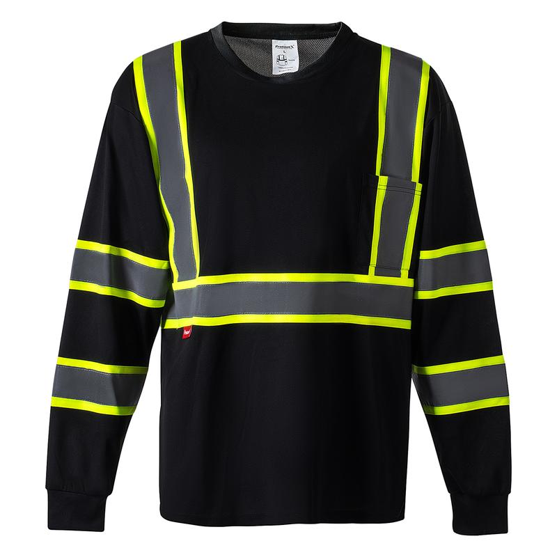 ProtectX Men's High Visibility Heavy Duty Long Sleeve Reflective Safety T-Shirts for Construction Class 2-3 Type R multi pocket Hi-Viz Long