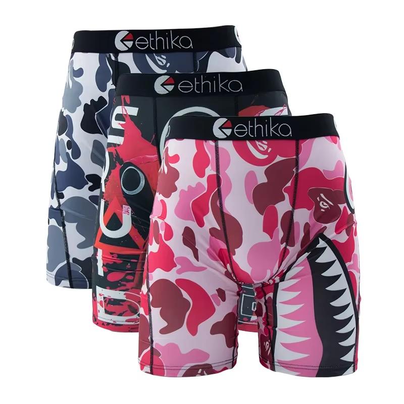 3 Pack Ethika Men's Boxer Briefs 2024 Boxer Briefs Men's Underwear Stretchable Soft Breathable Men's Boxer Briefs Boxer Briefs Novelty Boxer Briefs Sexy Shark Pattern Boxer Briefs