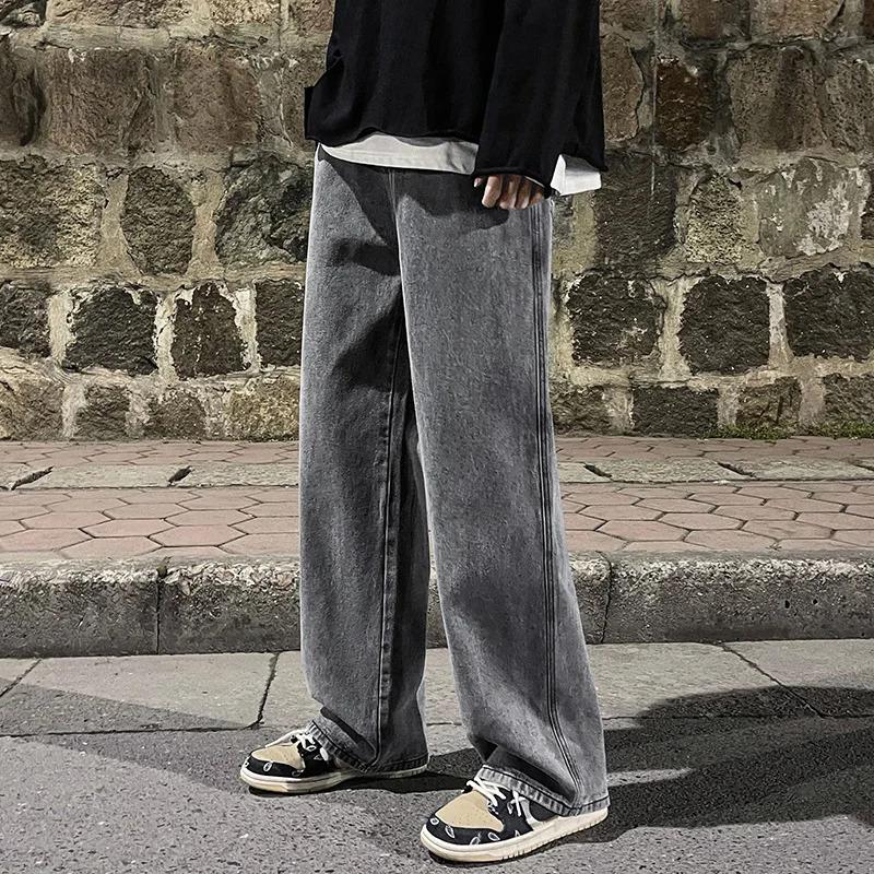 Korean classic popular men's loose jeans, fashionable straight-leg Baggy wide-leg pants, student casual pants, black, gray