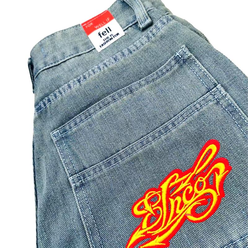 Embroidered hip-hop JNCO jeans street style men's and women's retro high-quality heavy denim straight slightly wide Vintage Embroidery