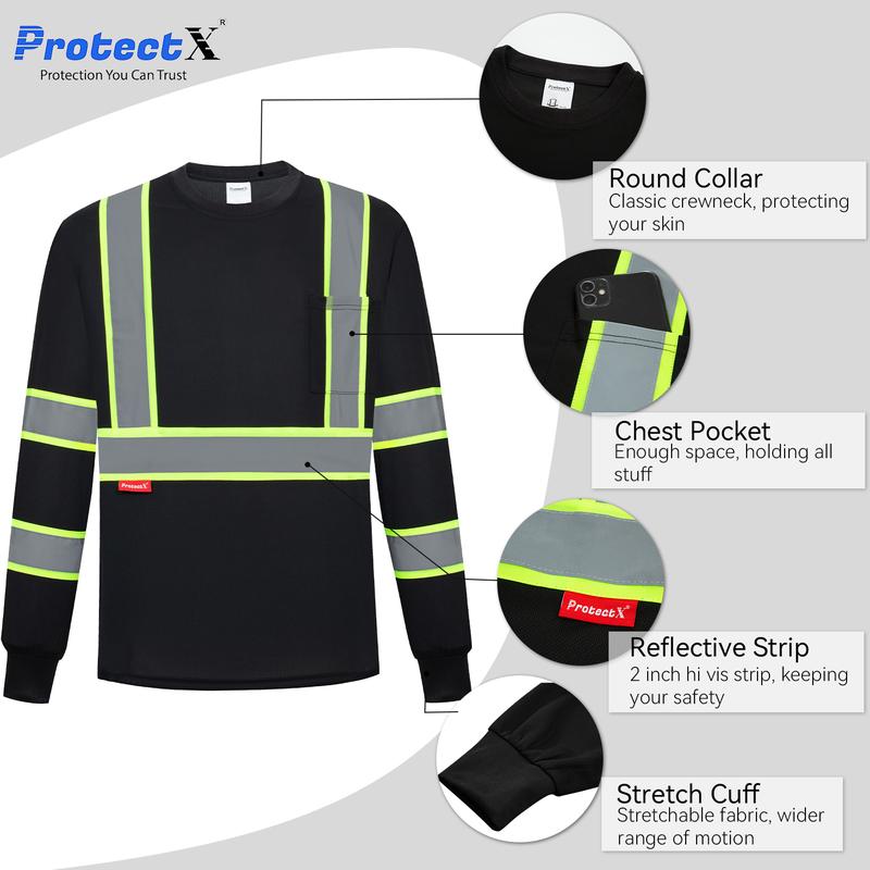 ProtectX Men's High Visibility Heavy Duty Long Sleeve Reflective Safety T-Shirts for Construction Class 2-3 Type R multi pocket Hi-Viz Long