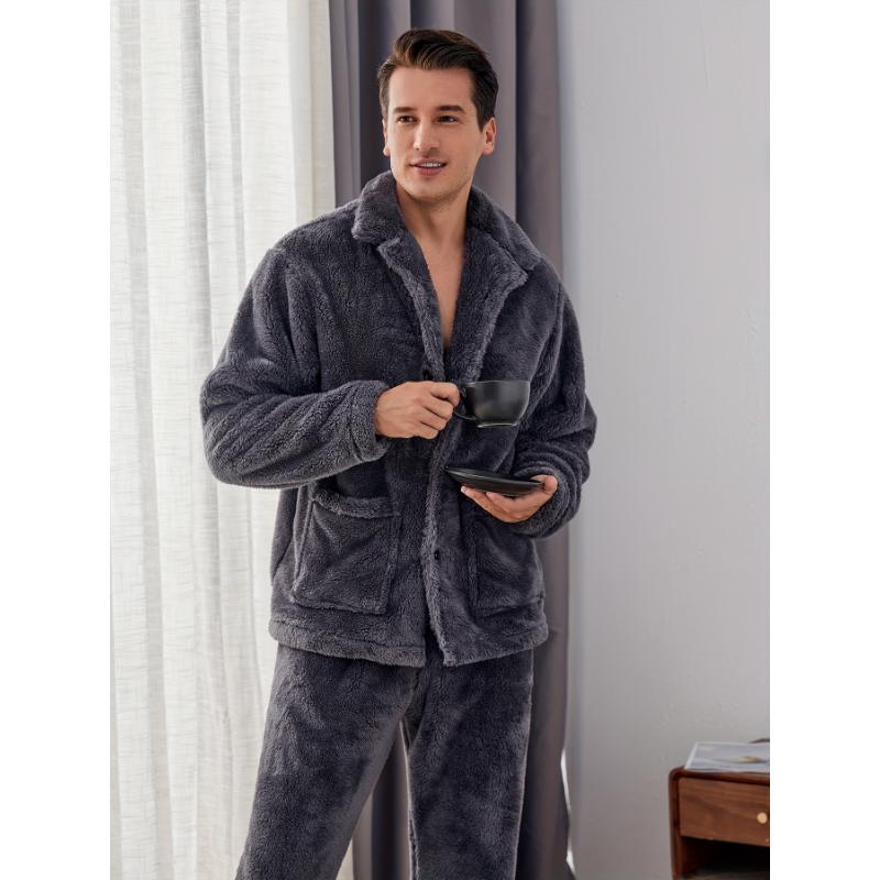 Mens Plush Warm Pajama Sets Soft Fluffy Flannel Sleepwear with Pockets Cozy Loungewear Pjs Set for Men