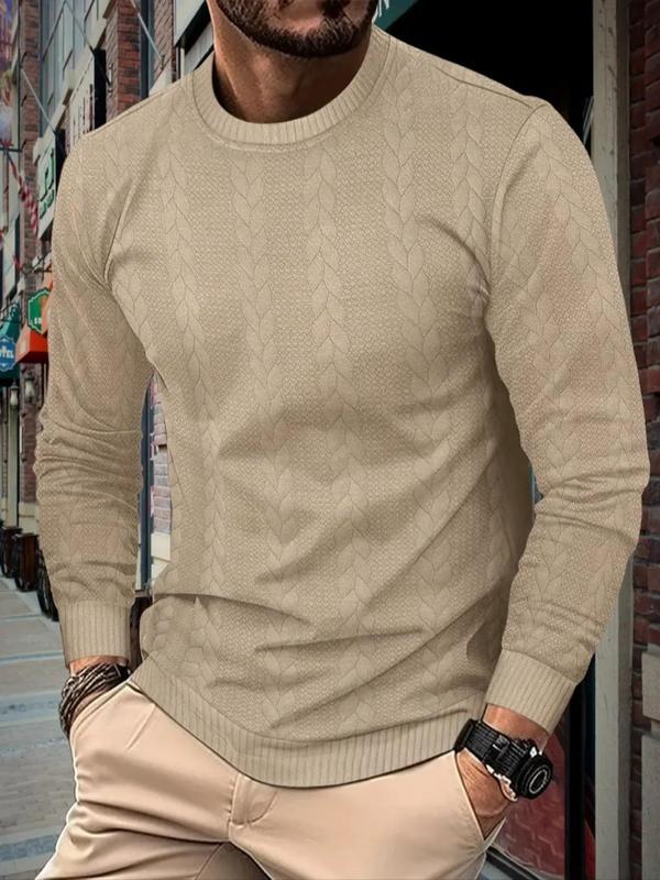 Men's Solid  Cable Knit Round Neck Sweater, Regular Fit Casual Long Sleeve Crew Neck Jumper for Fall & Winter, Fashion Men's Knitwear for Daily Wear