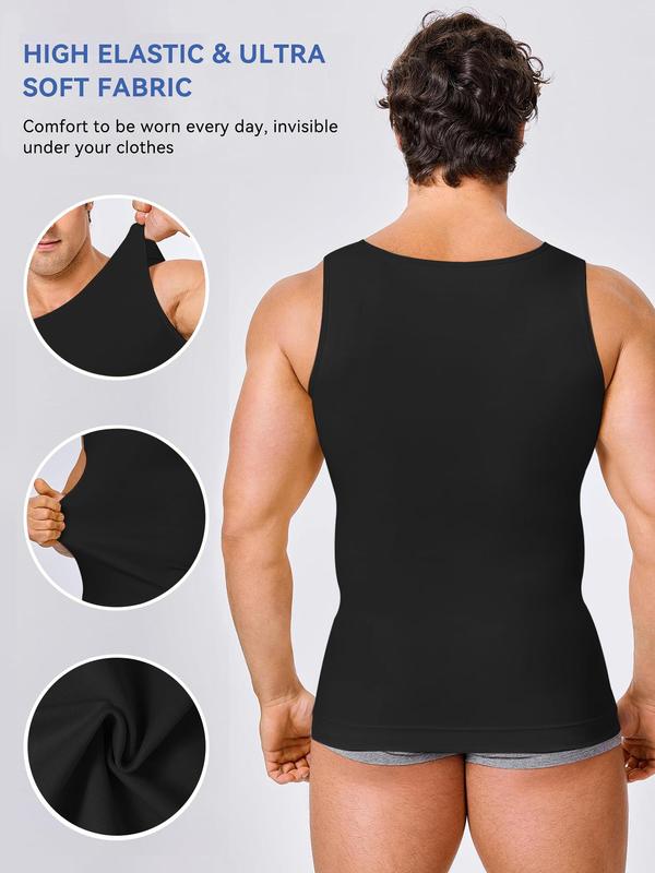 Men's Solid Round Neck Compression Shapewear Tank Top, High Stretch Tummy Control Shaper, Seamless Shapewear Top for Men