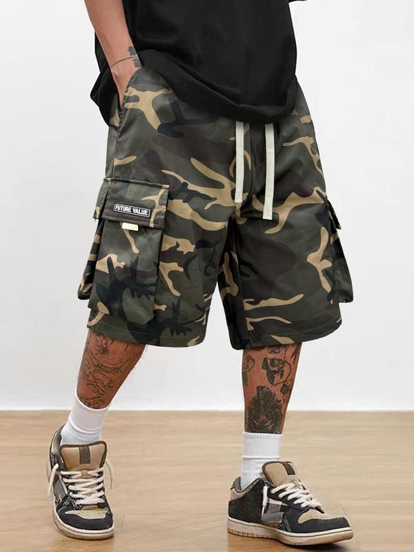 Men's Camo Print Patched Pocket Drawstring Waist Cargo Shorts, Street Fashion Loose Straight Leg Shorts, Summer Outfits 2024, Mens Clothing