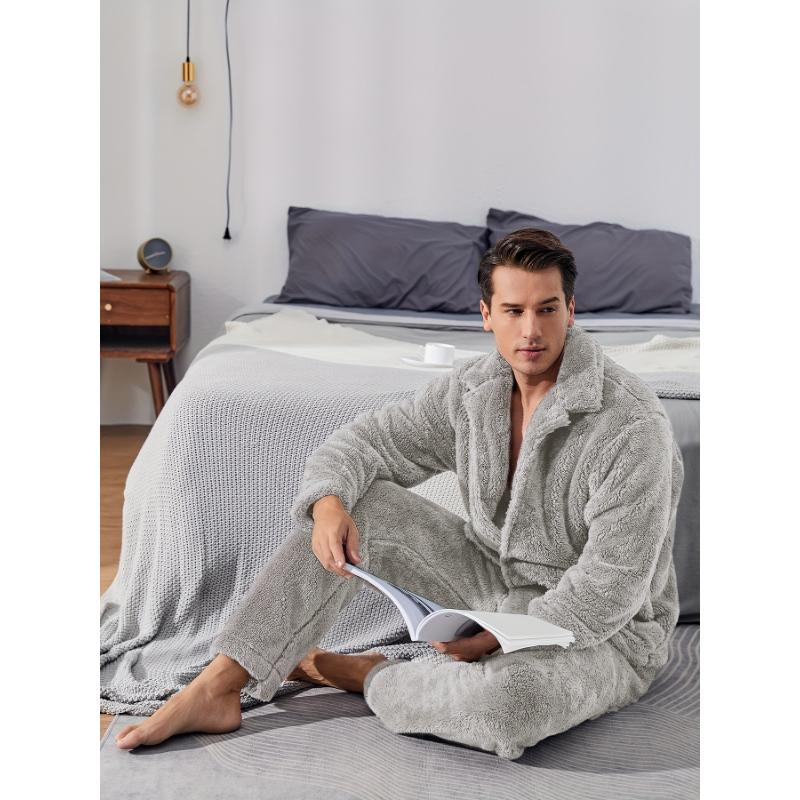 Mens Plush Warm Pajama Sets Soft Fluffy Flannel Sleepwear with Pockets Cozy Loungewear Pjs Set for Men