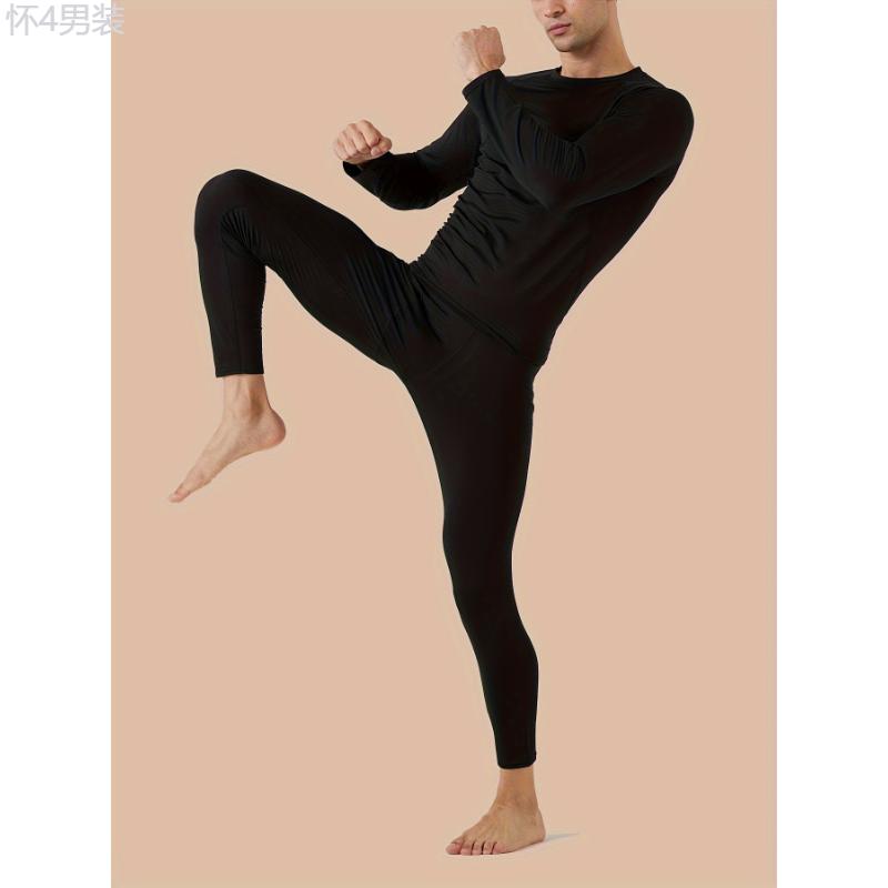 Men's 4pcs Thermal Underwear Set - Long Sleeve Crew Neck Tops & Pants, Stretchy Fleece-Lined Base Layer for Winter Warmth Fabric Menswear