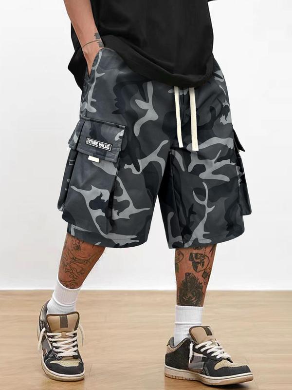 Men's Camo Print Patched Pocket Drawstring Waist Cargo Shorts, Street Fashion Loose Straight Leg Shorts, Summer Outfits 2024, Mens Clothing