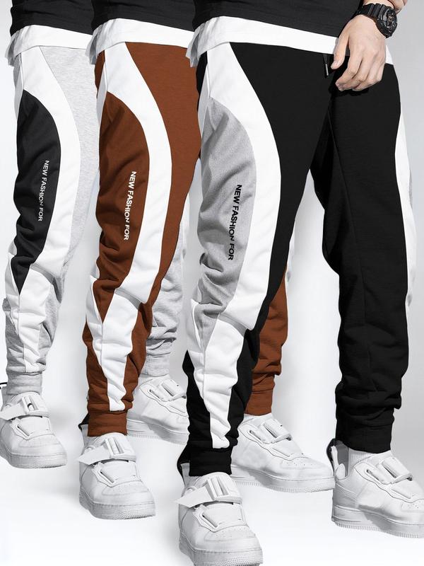 Men's 3pcs Colorblock & Letter Print Drawstring Waist Sweatpants, Fashion Casual Comfortable Jogger Pants for Daily Wear, Men's Bottoms for All Seasons, Fall Outfits, Fallfreshness Clothes