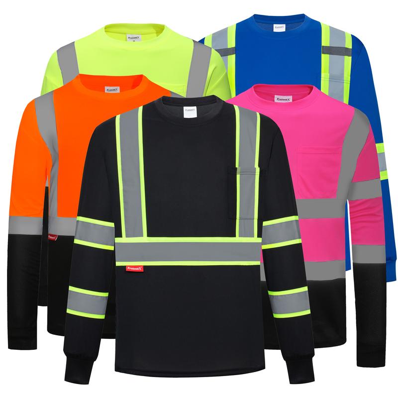 ProtectX Men's High Visibility Heavy Duty Long Sleeve Reflective Safety T-Shirts for Construction Class 2-3 Type R multi pocket Hi-Viz Long