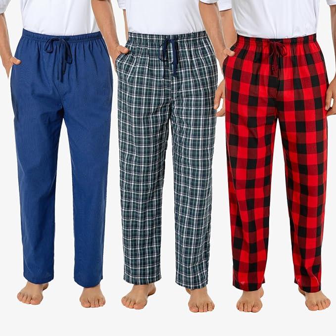 Mens Pajama Pants Set Flannel Cotton Plaid Sleep & Lounge Pants, PJ Bottoms with Pockets and Button Fly