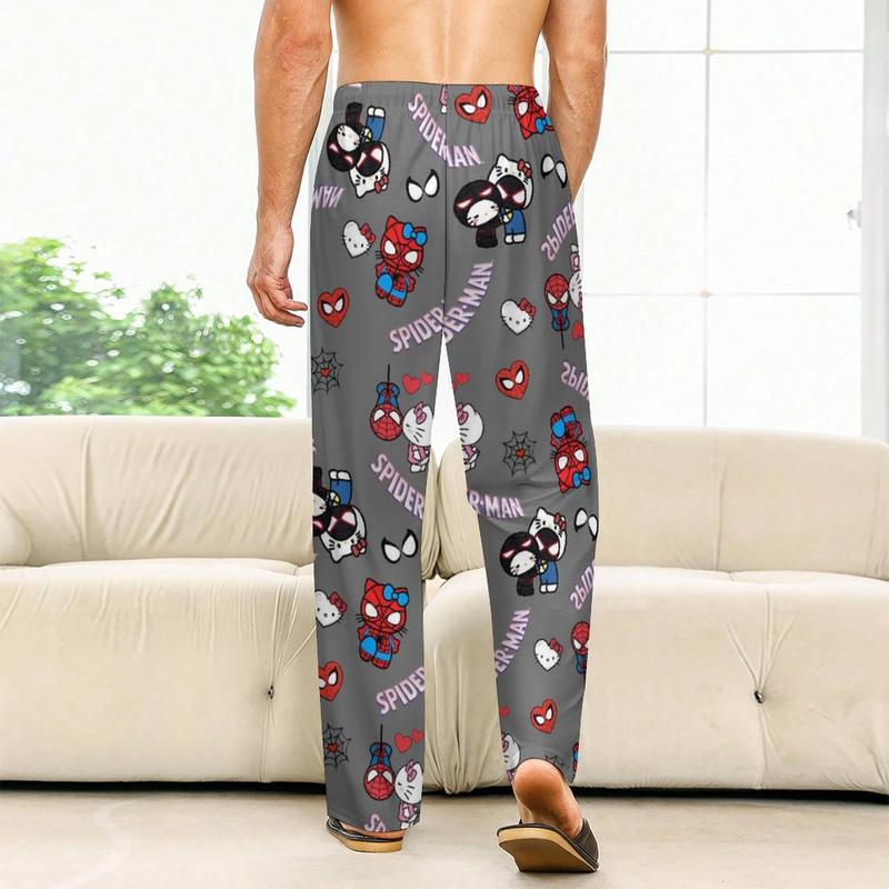 Stylish Pajamas Cute Spiderman & Hello Cat Cartoon Comfy Pajamas Men and Women Printed Pajama Pockets on Both Sides for Unisex Adult for Family and Friends Gifts