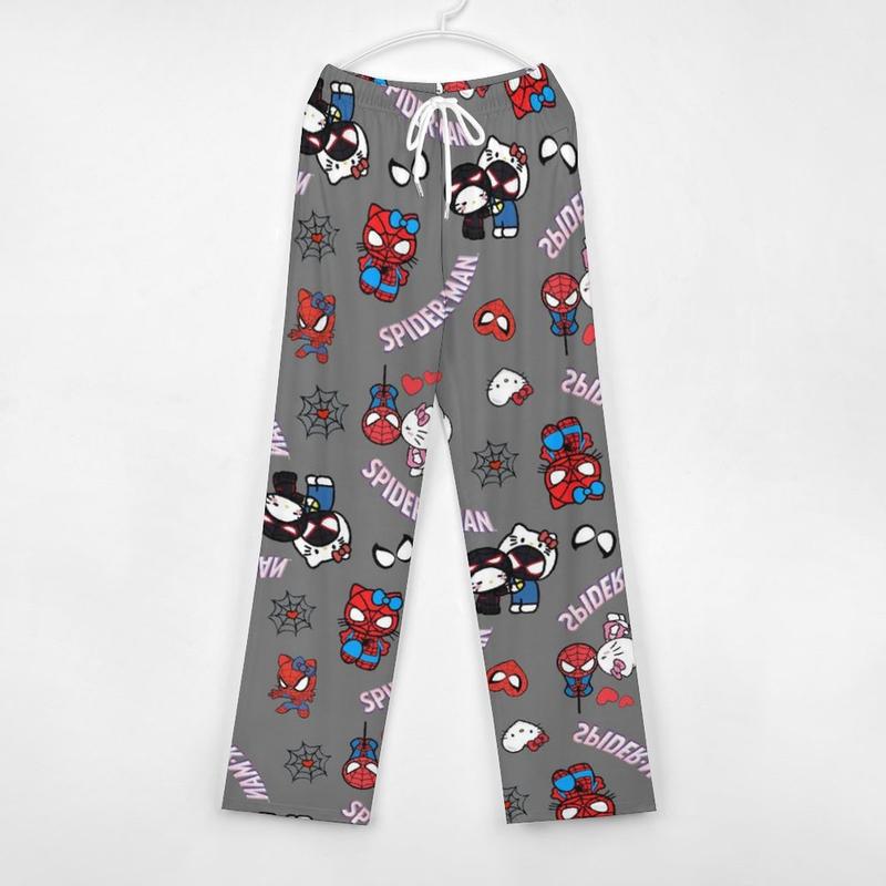 Stylish Pajamas Cute Spiderman & Hello Cat Cartoon Comfy Pajamas Men and Women Printed Pajama Pockets on Both Sides for Unisex Adult for Family and Friends Gifts