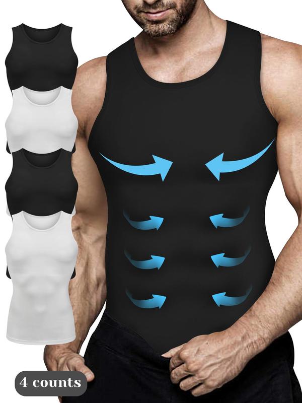 Men's Solid Round Neck Compression Shapewear Tank Top, High Stretch Tummy Control Shaper, Seamless Shapewear Top for Men